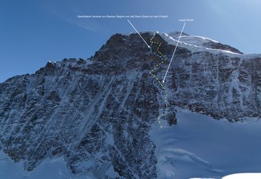 Die Jungfrau von Norden mit der Lauper Route und der von Stephan Siegrist vor dem Projekt von Nicolas kommunizierten Variante