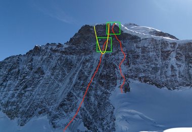 Rechts die Lauper Route und links das Y-Couloir?
