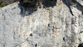 Hochbetrieb im Mittelteil der Wand, wo die leichten Routen sind.
